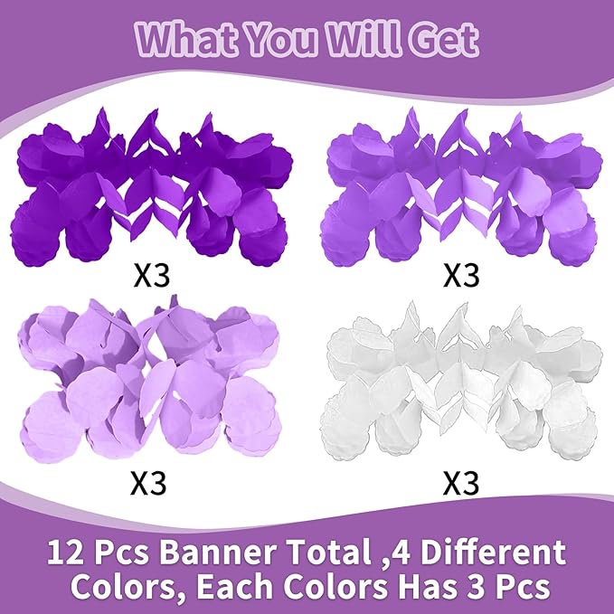 Purple Birthday Party-Decorations for Women - Purple White Lavender Party Decor Garland Paper Banner Streamers Baby Bridal Shower Graduation Wedding Engagement Bachelorette 4-Leaf Clover Garsellen