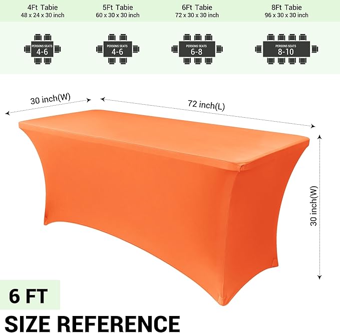 Obstal 6ft Stretch Spandex Table Cover for Standard Folding Tables - Universal Rectangular Fitted Tablecloth Protector for Wedding, Banquet and Party, 72L x 30W x 30H Inches, Orange, 2pc