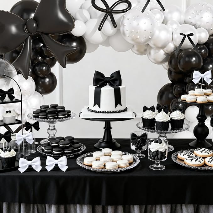 Black and White Balloons Arch Kit,JOGAMS 187Pcs White Black Bow Birthday Party Decorations with Bow Double Stuffed Pearl White Balloons Ribbon Pearl Stickers for Birthday Bachelor Bridal Baby Shower
