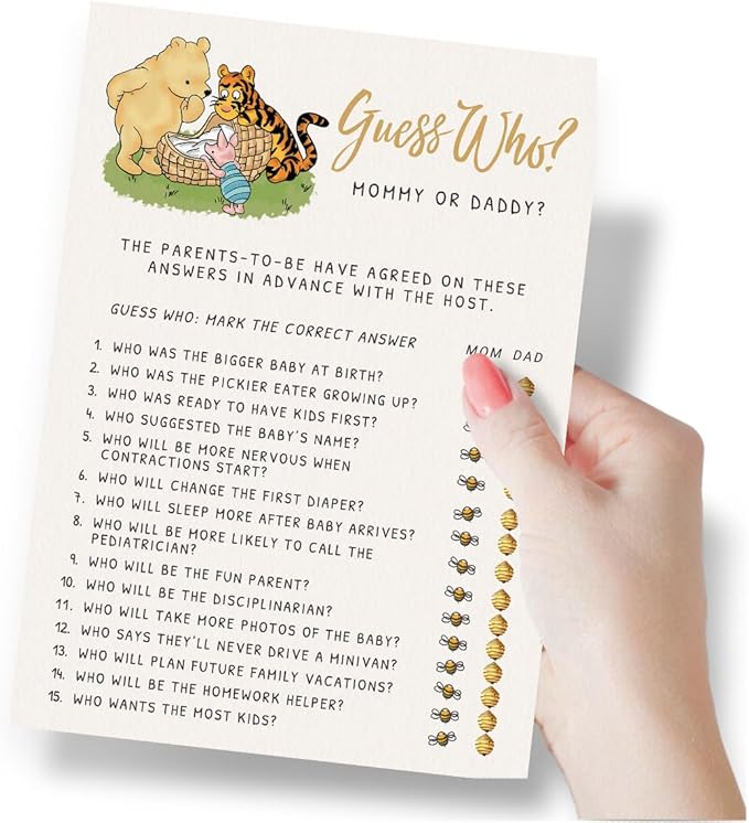 Printed Party Winnie Baby Shower Game Set – 4 Games with Classic Pooh Theme for 30 Guests, Includes Bingo, Mommy-to-be Trivia, Storybook Icon Guessing, and Guess Who, Bear Theme for Boy or Girl