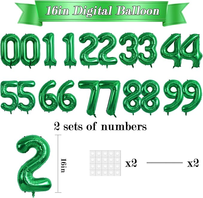 TONIFUL Number Balloons 16 Inch Green 2 Set 0-9 Number Mylar Foil Balloons 20 Pcs Custom digitalal for 2026 New Year Eve Birthday Party Engagement Graduations Anniversary Baby Shower Decor