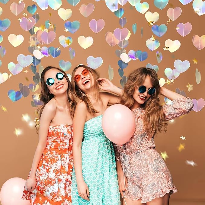 Iridescent Heart Garland Hanging Decorations, 52 Feet, Hanging Streamers Banner for Christmas Party, Wedding, Birthday Parties, Graduations Parties, Baby Showers, Valentines (Iridescent Heart)