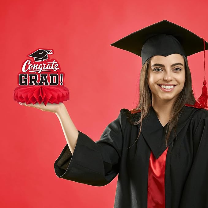 9PCS Graduation Decorations 2026 Congrats Grad Table Centerpiece Congratulate Graduation Honeycomb Table Toppers for Graduation Party Supplies(Red,Black）
