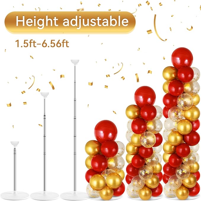 2 Sets Red Gold Balloon Column Stand Kit with 100 Balloons Adjustable Balloon Tower Stand with Bases for Floor Red Gold Confetti Balloon Column Kit for Valentine's Day Sport Birthday Wedding Party