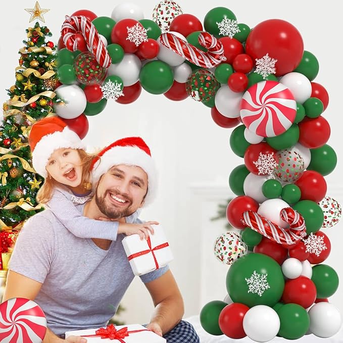 Janinus Christmas Balloons Garland Arch Kit Red Green White Balloons christmas Balloon Arch with Snowflakes Ornaments and candy foil balloons for Christmas Decorations Xmas Party Supplies