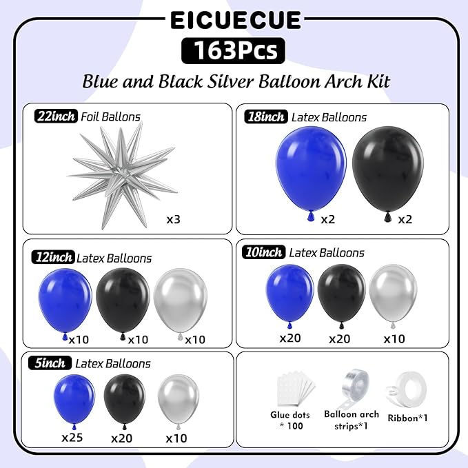 Royal Blue and Black Balloons Arch Kit -Navy Blue Balloons Metallic Sliver Black Different Size Balloons Garland Kit for 30th 40th 50th 60th Birthday Anniversary Graduation Party Decorations