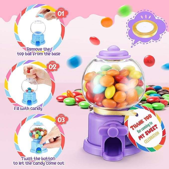 Candy Party Favors with 3.8 Inch Mini Candy Dispenser Toy Thank You Cards Mini Bubble Gumball Machines for Land Birthday Party Decorations Favors(18 Sets)