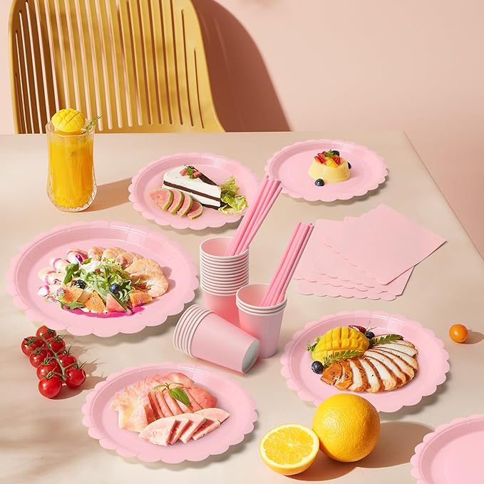 168PCS Party Plates, Scalloped Gingham Paper Plates and Cups and Napkins Sets Party Supplies for Birthday Wedding Bridal Shower Baby Shower Picnic, Serve for 24 Guests (Pink Scalloped)