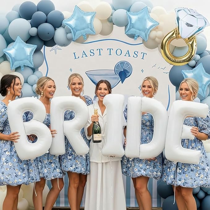Last Toast on the Coast Bachelorette Decorations Blue bridal shower Blue Balloon Garland Kit with Backdrop Huge 40 inch BRIDE letter Diamond Ring balloons for Hen Party Wedding Engagement supplies
