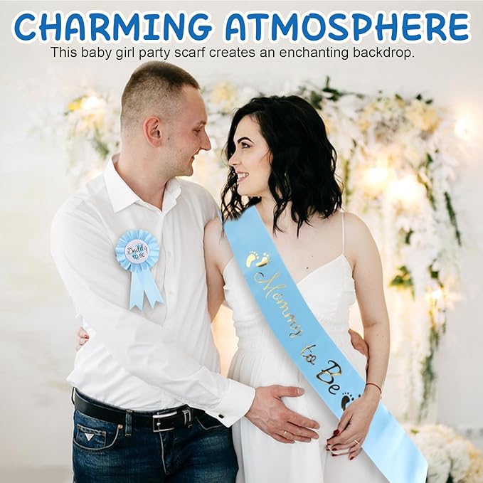 2 Pcs Baby Shower Decorations, Mommy to Be Sash and Daddy to Be Badge Set, It's a Themed Party Supplies for Baby Shower and Gender Reveal Decoracion (Blue 2 Pcs)