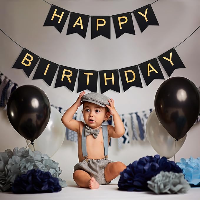 Black Happy Birthday Banner - Hanging Backdrop Sign With Gold Letters, Happy Birthday Sign Bunting Decorations For Men Women Kids Baby Shower Party Supplies (13pcs)