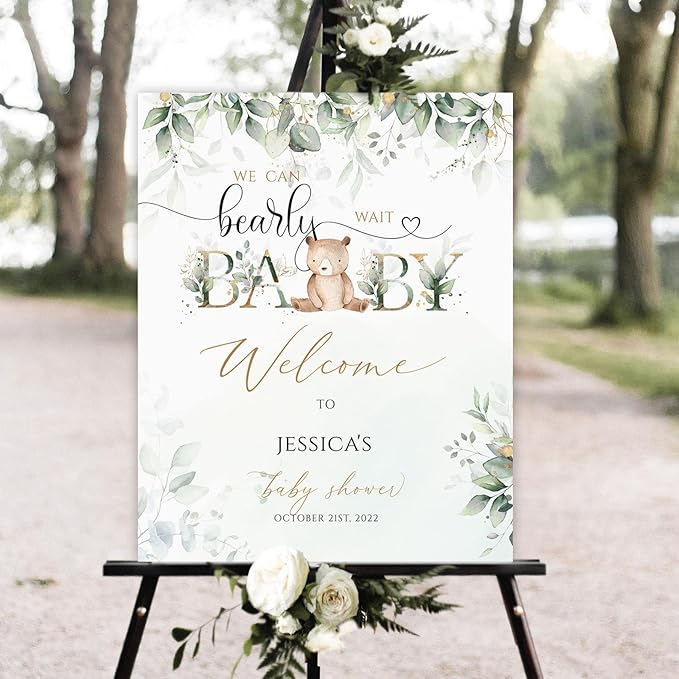 Personalized Teddy Bear Baby Shower Welcome Sign, Greenery Baby Shower Welcome Sign, Bear Baby Shower Sign Decoration