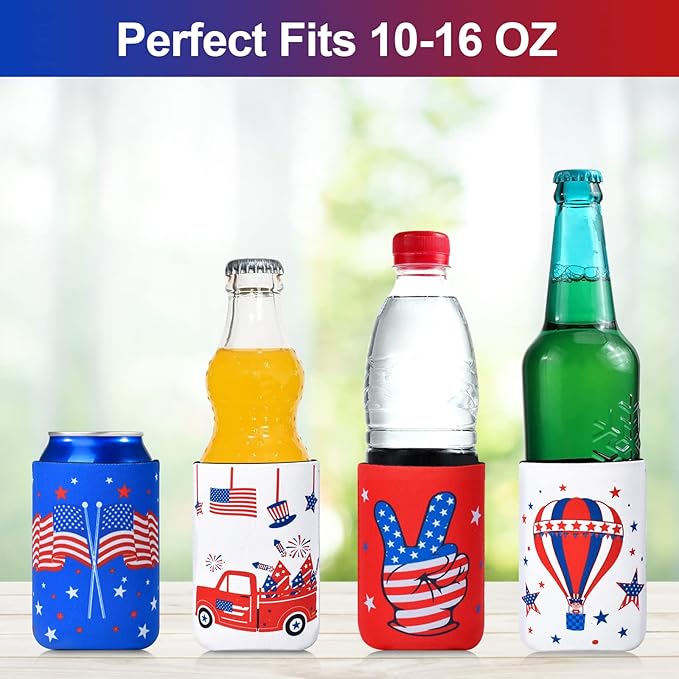 4th of July Decorations, 12 PCS Can Cooler Sleeves for Independence Day Accessories, Patriotic Party Favors, Collapsible Insulation Cover for Memorial Day Fourth of July Decorations Outdoor Indoor