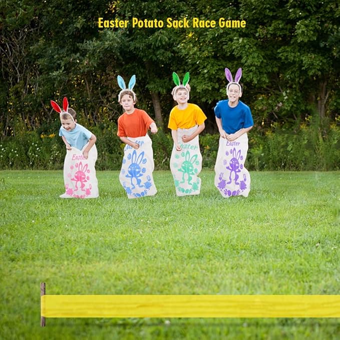 18PACK Easter Party Games for Kids, Easter Potato Sack Race Bags,Bunny Ears Headbands, Egg and Spoon Race Games,Legged Relay Race Bands,Easter Outdoor Games for Easter Eggs Hunt,Easter Party Supplies