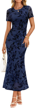 ZESICA Women's Summer Floral Bodycon Long Dress 2026 Ruched Mesh Formal Cocktail Party Wedding Guest Maxi Dresses