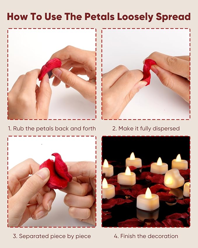 Amagic 2000 Pieces Artificial Rose Petals with 24 Heart LED Tea Lights Candles Kit, Rose Petals and Candles Set for Proposal, Anniversary, Special Romantic Night, Wedding Table Decor, Birthday