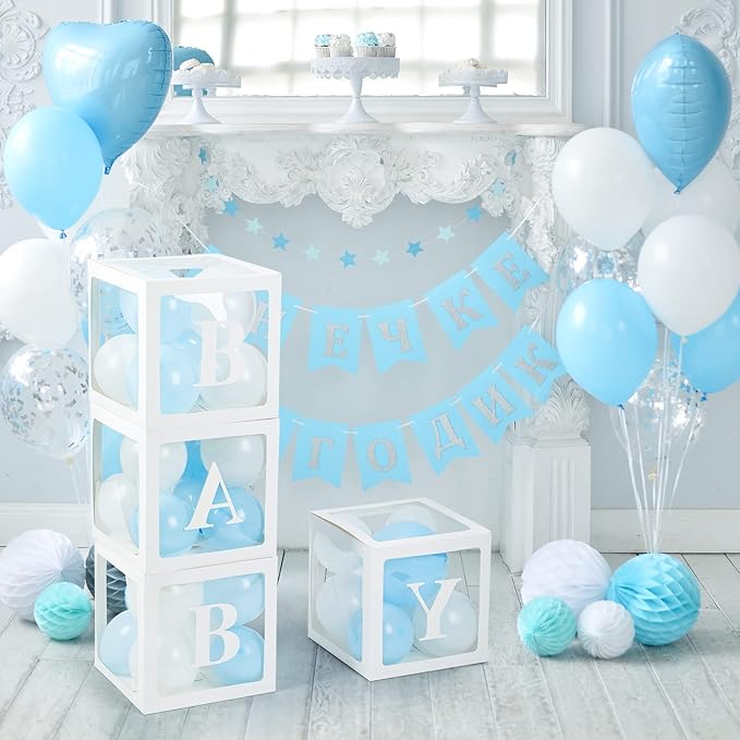 Baby Boxes with Letters for Baby Shower, 4 Transparent Balloon Boxes with Letters for Gender Reveal Birthday Wedding Baby Shower Decorations(Blue and White Balloons)