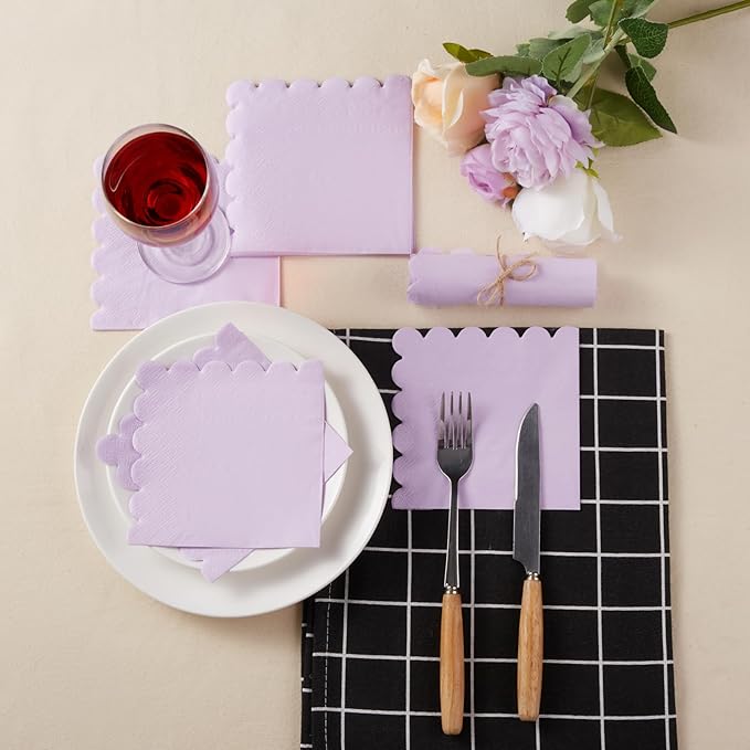 100 Pack Cocktail Napkin 2-Ply Scalloped Edged Dessert Napkins Folded 5 x 5 Inches Disposable Napkins for Dinner Wedding Birthday Party Bridal Anniversary Reception Event (Purple)