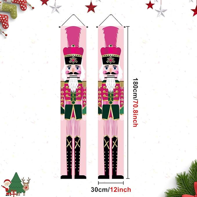 Christmas Nutcracker Door Banner 71x12 inch Pink Christmas Hanging Porch Banner Holiday Soldier Wall Decoration for Xmas Front Door Banners Outdoor Fireplace Entryway Party Home Decor