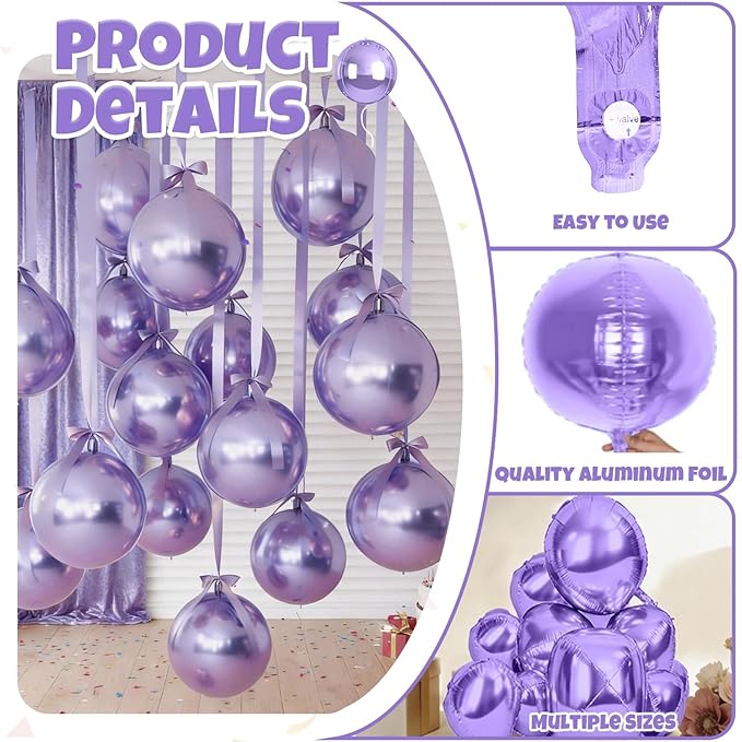 12Pcs Light Purple Round Balloons Foil, 22" 18" 15" 10" 4D Sphere Ball Balloon, Big Metallic Purple Foil Balloons for Wedding Anniversary Graduations Birthday Party Bridal Shower Decorations Supplies