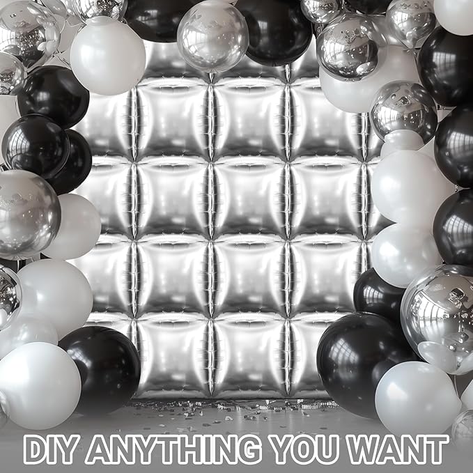 50 PCS Metallic Silver Square Foil Balloons Wall Backdrop 19'' Reusable DIY Mylar Balloon Tunnel Arch Kit for Birthday Engagement Bridal Baby Shower Graduation Bachelorette Party Decor
