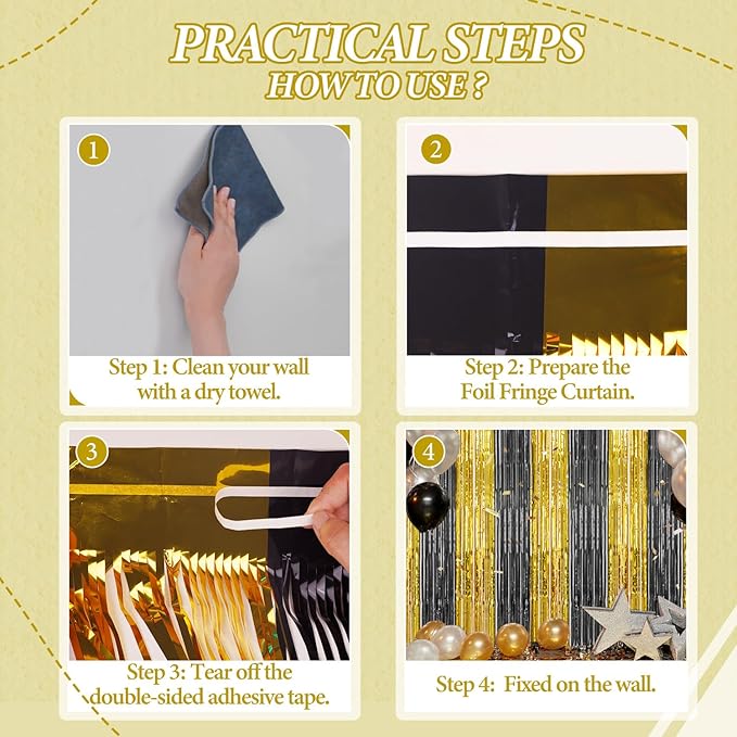 2 Pack Foil Fringe Backdrop - Black&Gold Shiny Tinsel Curtains for Party Decoration/Photo Booth Props - 3.3x6.6 FT Metallic Foil Backdrop for Birthday, Wedding, Graduation, Christmas.