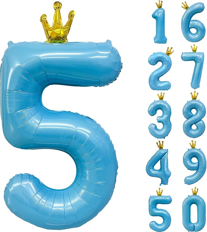 Blue Number 5 Balloon with Crown, 40 inch Blue Number Balloon 5th Birthday Party Decoration BlueCrown Balloons 0-9 for Birthday Party Anniversary Decorations Supplies