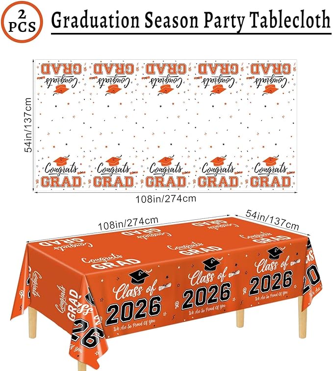 Oigco Graduation Decorations Class of 2026, 2 Pack Orange Graduation Tablecloths, Congrats Grad Plastic Table Cloths for Graduation Party Decorations, 54 x 108 Inch