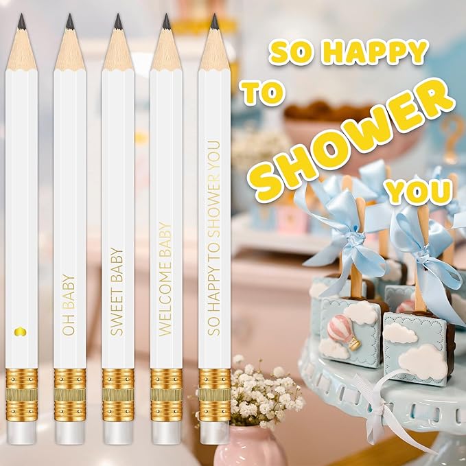 50Pcs – Baby Shower Sharpened Half Pencils with Erasers, Pre-sharpened Pencils for Baby Shower Games, 4 Inches