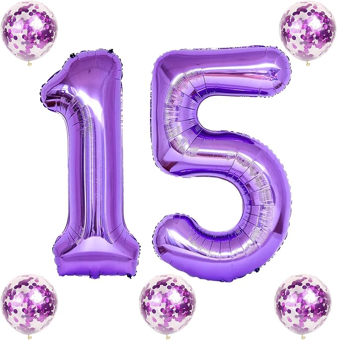 15th Birthday Balloons for Girls, 15 Inch Giant Purple Foil Number 15 Balloons with Purple Confetti Balloons Kit, Digit 1 & 5 Helium Balloons for Boys Women Men 15th 51st Anniversary Party Decorations