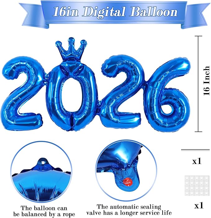 TONIFUL 2026 Navy Blue Crown Foil Number Balloons 16 Inch Navy Blue Number Banner 2026 Graduation Aluminum Foil Mylar Balloons for New Year Eve Christmas Anniversary Party Supplies