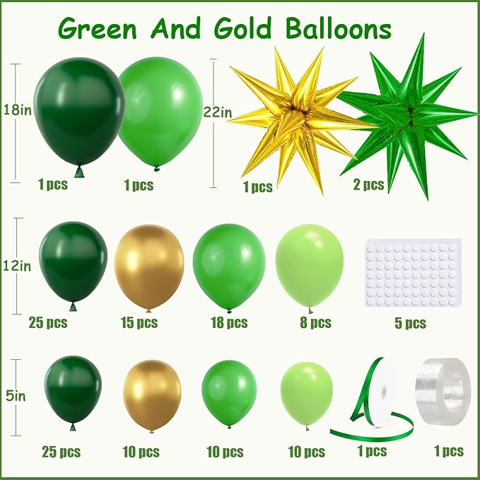 Green and Gold Balloon Garland Arch Kit with Stars, Different Sizes Emerald Dark Pastel Green Gold Balloons for Birthday Party 2026 Graduation Decorations Jungle Green Party Decorations