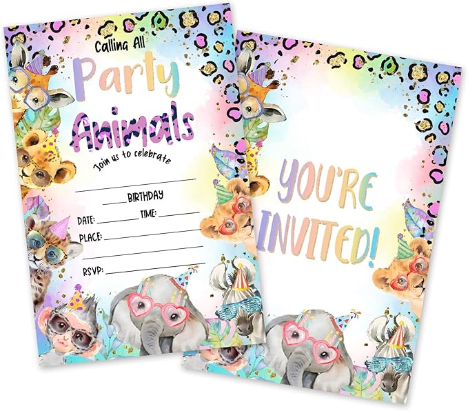 Party Animal Birthday Invitations, 25 Safari Jungle Party Invites Cards with Envelopes, Double-Sided Fillable, Birthday Invitations for Teens Adults, Birthday Party Supplies (4 x 6 Inch) -A07