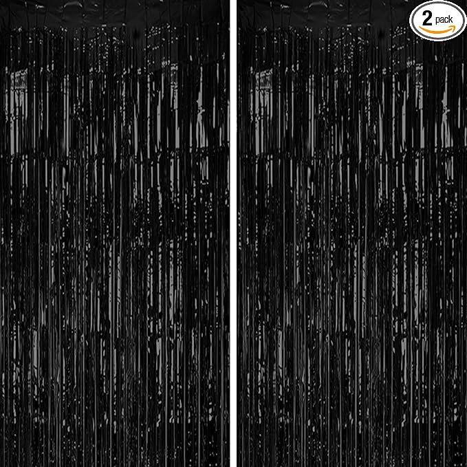 2 Pack Foil Fringe Backdrop - Black Shiny Tinsel Curtains for Party Decoration/Photo Booth Props - 3.3x6.6 FT Metallic Foil Backdrop for Birthday, Wedding, Graduation, Christmas.