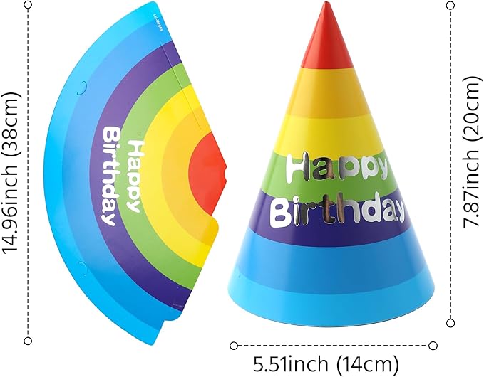 Azude Rainbow Party Hats for Kids and Adults, 12 Pack Happy Birthday Cone Hats with Metallic Foil Text, Sturdy 250gsm Paper Birthday Caps for Boys Girls & Classroom Celebrations, 7.9 Inch
