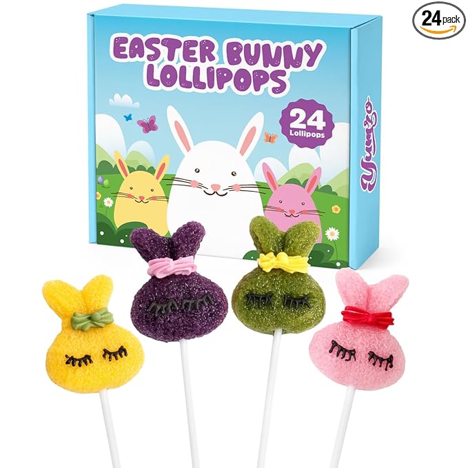 Easter Bunny Lollipops With Natural Colors – 24 Count Individually Wrapped Candy, Bunny Shaped Lollipops for Basket Stuffers, Easter Candy, Party Favors & Spring Candy for Kids.