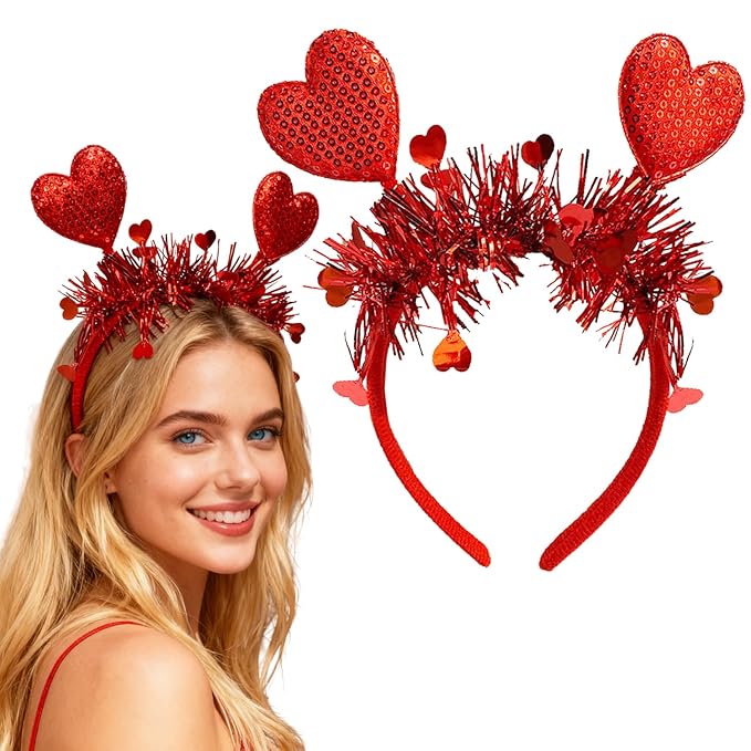 Valentines Headband with Sequin Heart Designs Red Heart Headbands Shiny Red Tassel Head Bopper Romantic Valentines Hair Accessories for Valentines Lover Party Hair Accessory Supplies 1pcs