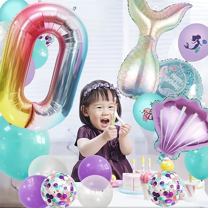 Mermaid Birthday Decorations Mermaid Balloons - Number 0 Balloons for Girls Under The Sea Mermaid Theme Baby Shower Birthday Favors