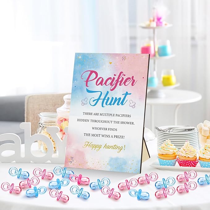 Thyle 51 Pcs Gender Reveal Pacifier Hunt Baby Shower Games Pink Blue Gender Reveal Game Decoration Include Hunt Sign and 50 Acrylic Pacifiers for Baby Shower Game Gift Set Boy or Girl Party Decoration