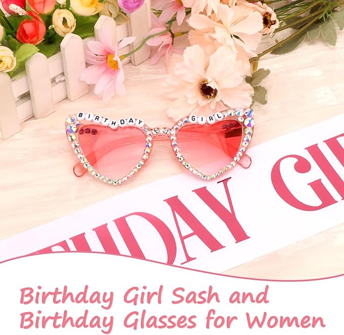 Birthday Girl Sash & Glasses Set, Birthday Sash for Women Girls, White & Pink Happy Birthday Decorations Outfits Accessories Party Favors Set for Women Girls