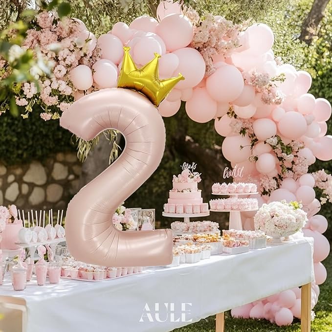 AULE 40 Inch Big Pink 2 Balloon Number with Crown Large Foil Helium Number Balloons 0-9 Jumbo Giant Happy 2nd Birthday Party Decorations Huge Mylar Anniversary Party Supplies