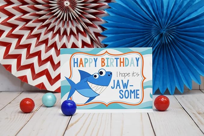 JAW-SOME Day Shark Themed Birthday Pun Themed Single (1) All Occasion Blank Birthday Card To Send To Friends & Family, 4"x 6" (when folded) Fill In Greeting Note Card by AmandaCreation