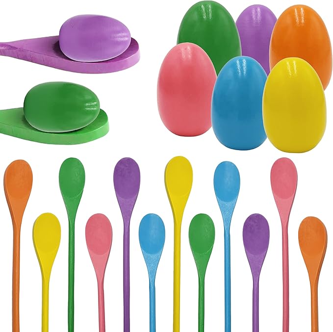 6 Wooden Easter Eggs and 6 Wooden Spoon Race Game Set, 6 Sets, Multi-Player Carnival Game for Kids & Family Activity Holiday Outdoor Yard Easter Egg Hunt Birthday Party Lawn Games