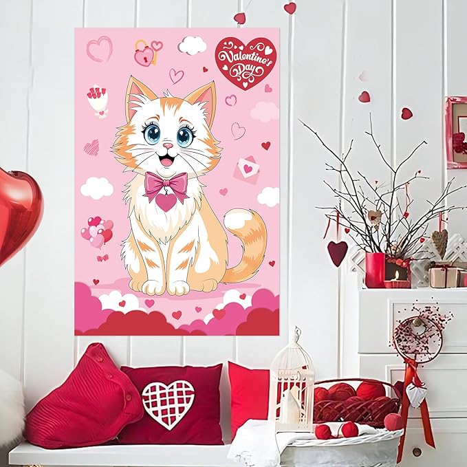 Hooqict Valentines Games for Kids Pin The Heart on The Cat Party Games Valentines Day Party Activities Galentines Day Decorations, Large Pin The Tail Poster with 36 Stickers