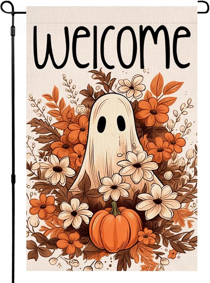 BLKWHT Halloween Ghost Garden Flag 12x18 Vertical Double Sided Spooky Pumpkin Fall Holiday Outside Decorations Burlap Yard Flag BW707