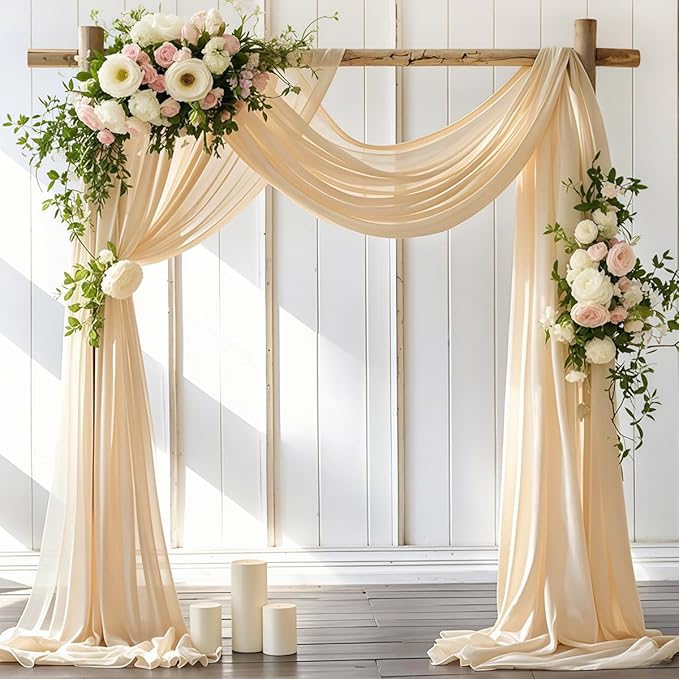 Wedding Arch Draping Fabric 30'' x 18FT 4 Panel Champagne Sheer Chiffon Arch Drapes for Easter Bridal Shower Baby Shower Photo Booth Church Decor Birthday Party Outdoor Decoration