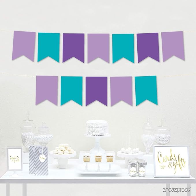 Andaz Press Hanging Pennant Banner with String, Lavender, Turquoise Aqua, Royal Purple, 1-Set, 24 Pennants, Approx. 12-Feet Long, Mermaid Birthday Theme Colored Supplies