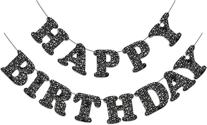 Glitter Black Happy Birthday Banner Birthday Party Decorations Sign Garland Bunting Banner for Wall Decor Party Background for Kids Boys Girls Adults