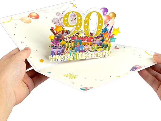 90 Years 0ld Firework Pop Up Happy Birthday Greeting Card, ideal love Gift for Adult and Kid with Blank Note & Envelope, Foldable Celebration for Daughter, Son, Mom, Dad, Friend, Children