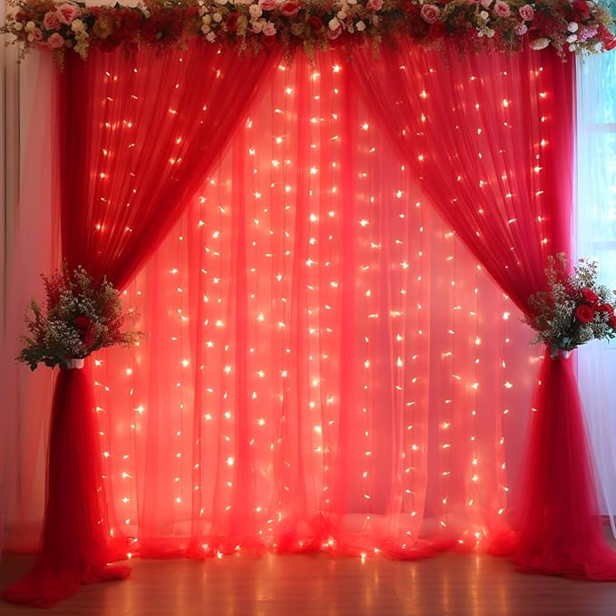 30x10ft Red Tulle Backdrop Curtain with Lights String for Parites, Sheer Backdrop Curtains for Wedding Baby Shower Birthday Party Photo Shoot Decorations